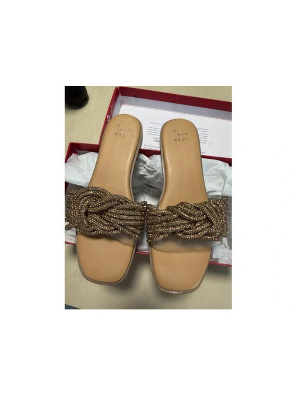 #6255 Bronze Braided Rhinestone Slide Sandals